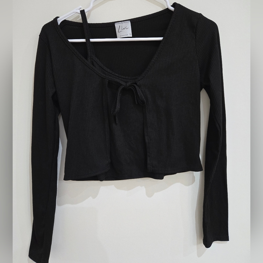 Olivia Rae Black Ribbed Tie-Front Blouse With Spaghetti Strap Top